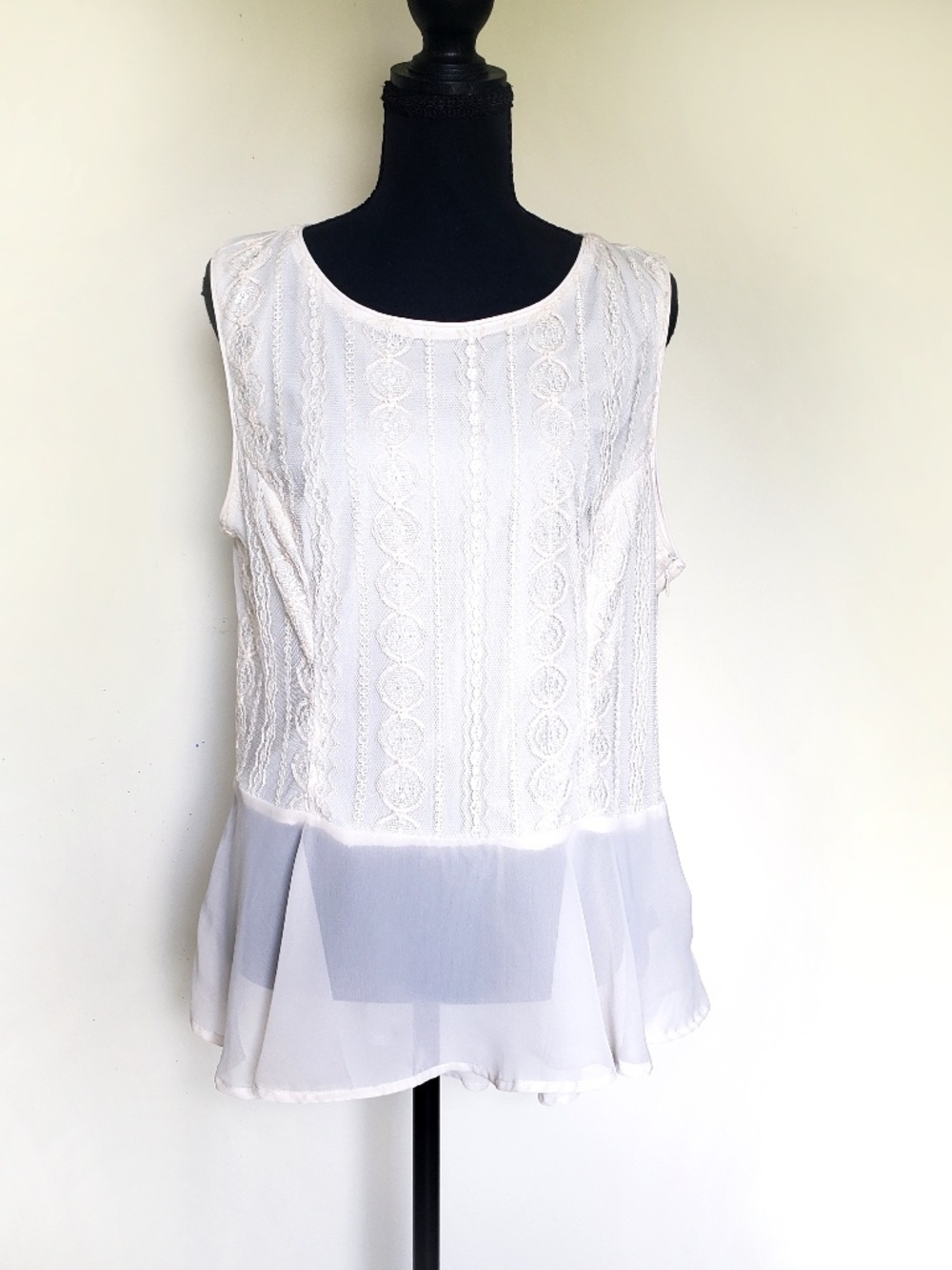 Mossimo XL Off White Ivory Lace Peplum Blouse Sheer Chiffon Boho Romantic Top